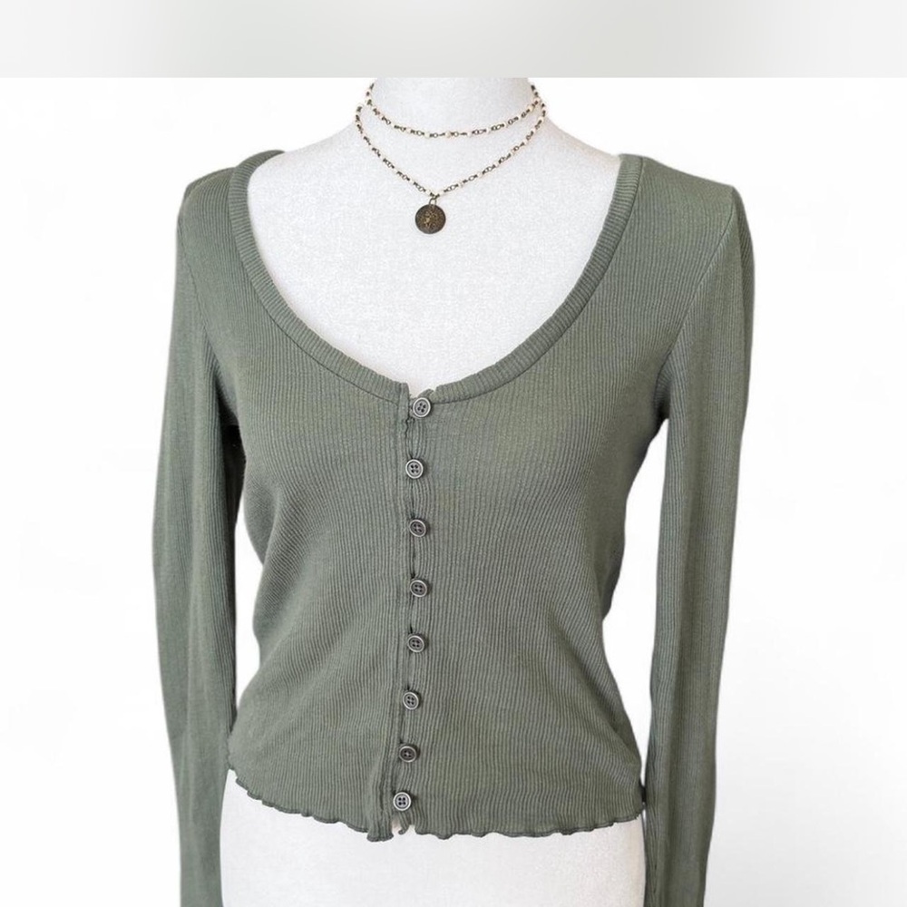 Olive Green Ribbed Button-Up